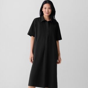 Eileen Fisher Black Washed Organic Cotton Poplin Split Neck Dress Size Medium
